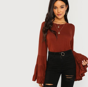 378 Rust - Tiered Jersey Flounce Bell Sleeve - Perception0one.com