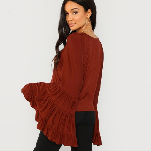 378 Rust - Tiered Jersey Flounce Bell Sleeve - Perception0one.com