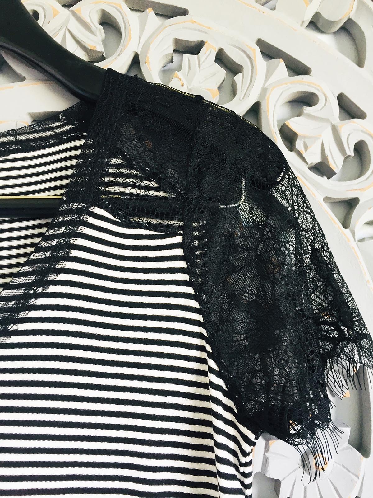 429 Black-  Lace & Striped Soft Vee Neck Tee - Perception0one.com
