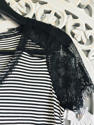 429 Black-  Lace & Striped Soft Vee Neck Tee - Perception0one.com