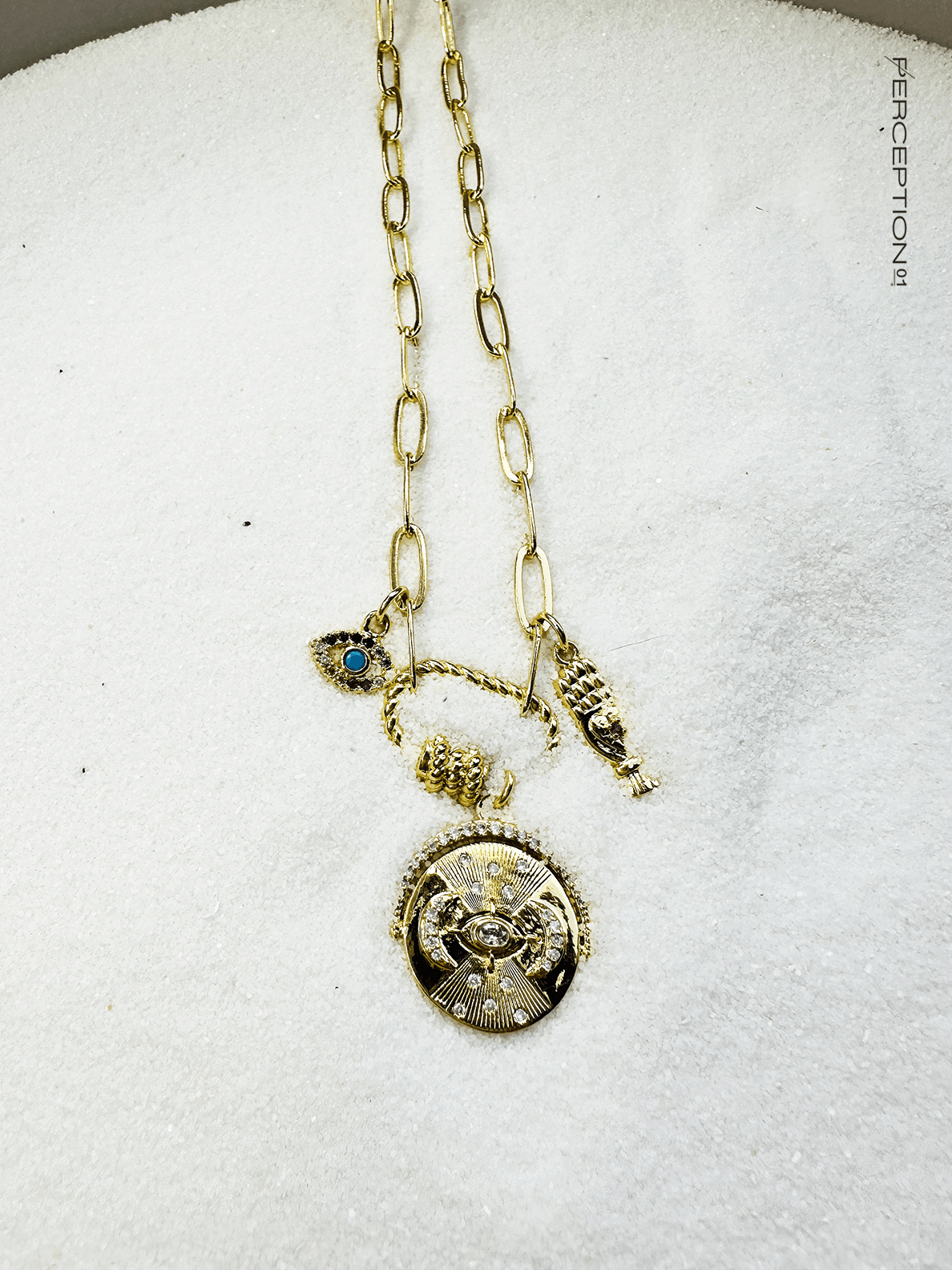 O Ring Charm (Opens) Protective Eye Necklace - Oval Flat Link Chain w/ 3 Charms - Perception0one.com