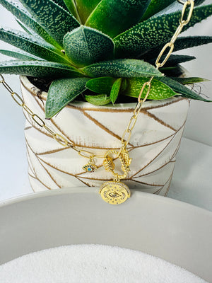 O Ring Charm (Opens) Protective Eye Necklace - Oval Flat Link Chain w/ 3 Charms - Perception0one.com