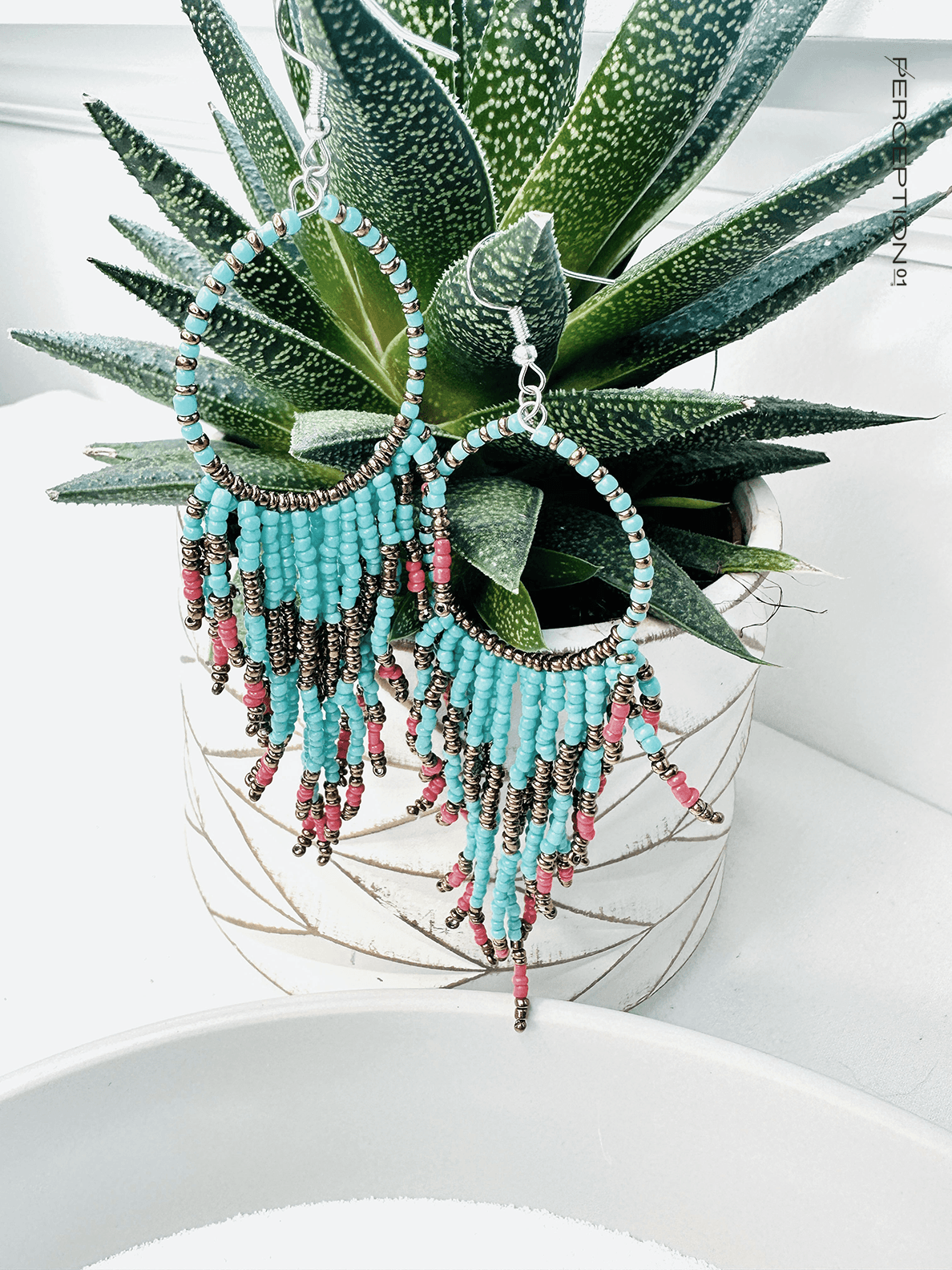 Beaded Hoop with Turquoise and Orange Beading - Perception0one.com