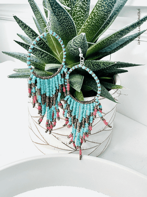 Beaded Hoop with Turquoise and Orange Beading - Perception0one.com