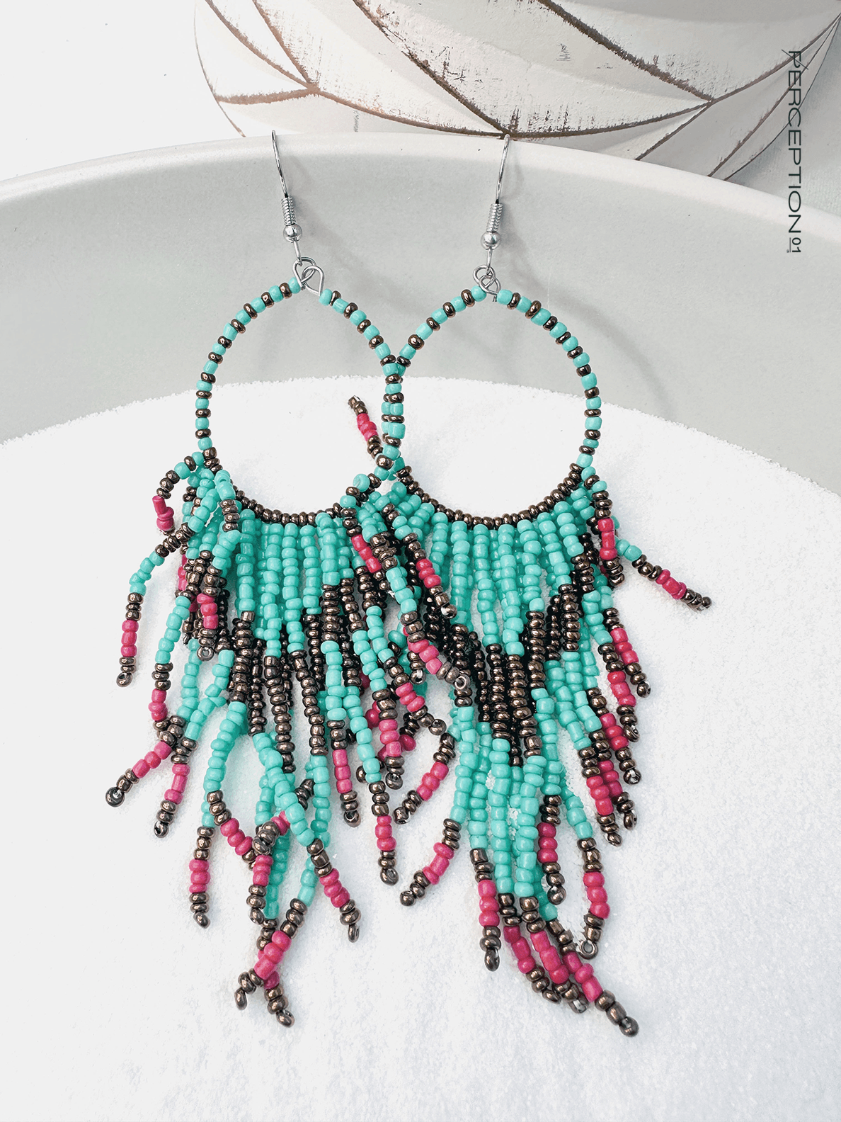 Beaded Hoop with Turquoise and Orange Beading - Perception0one.com