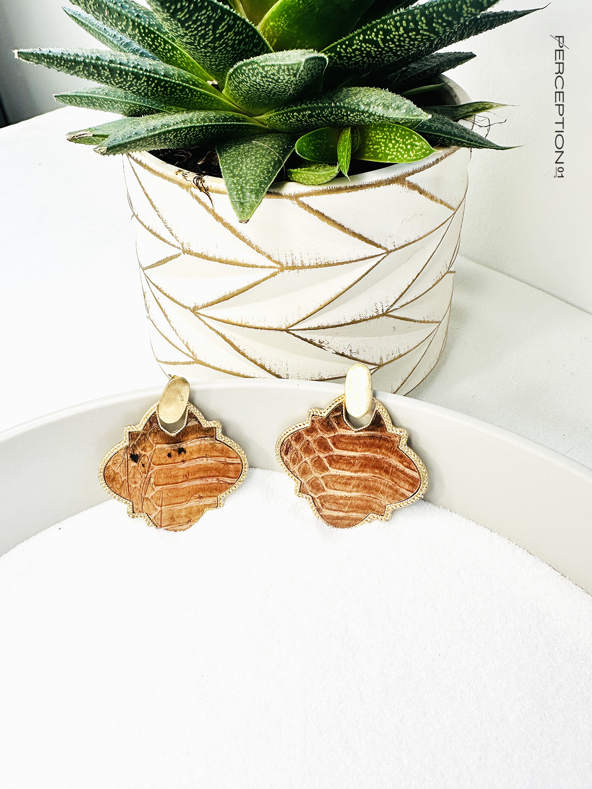 369 Cognac - Gold and Snakeskin Medallion Earrings - Conac - Perception0one.com
