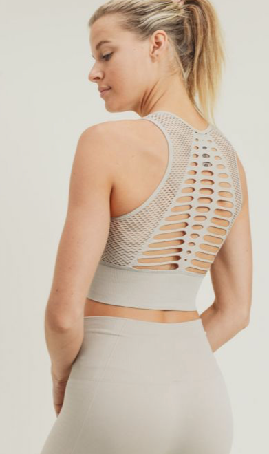 449 Sand -  MESH COMPRESSION SLIT BRA TOP - Perception0one.com