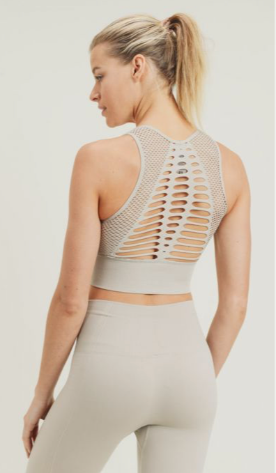 449 Sand -  MESH COMPRESSION SLIT BRA TOP - Perception0one.com