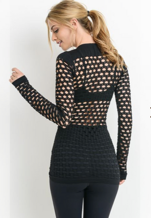 427 Black -  L/SLV FISHNET (LARGE HOLED MESH) KNIT TOP - Perception0one.com