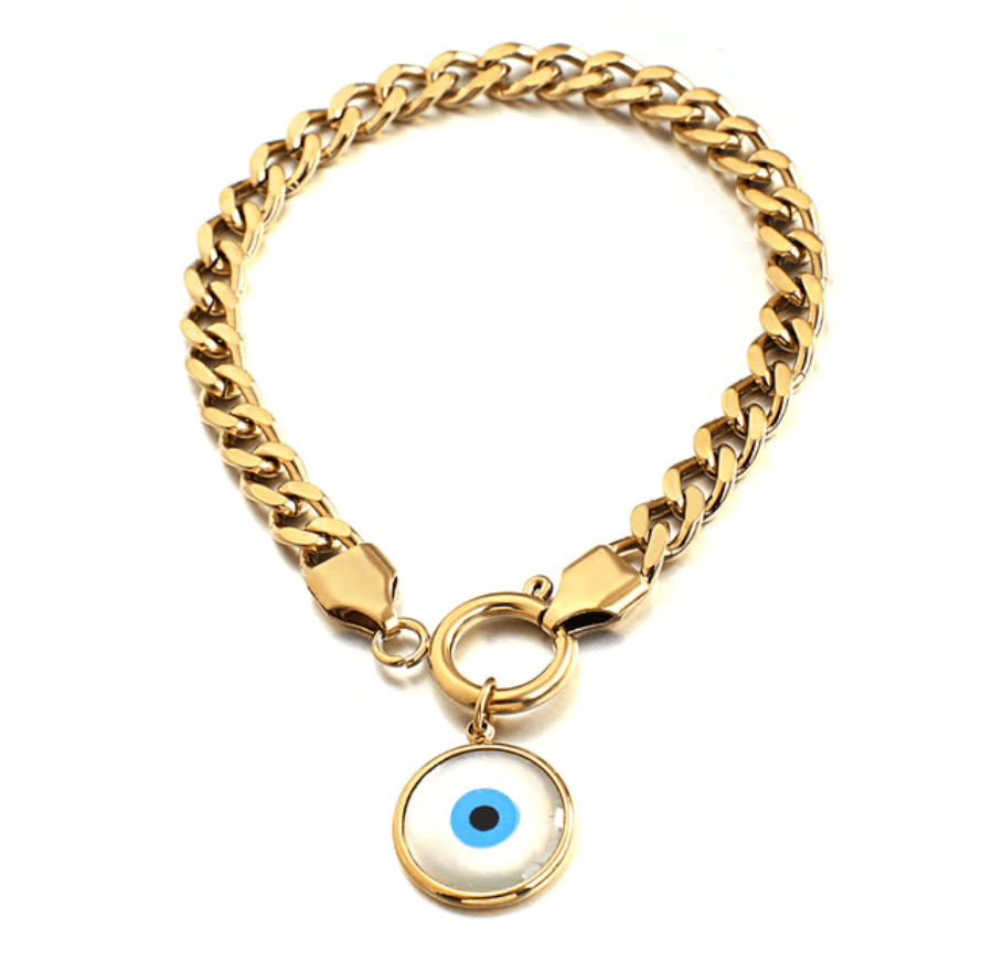 Delicate Chunky Chain Bracelet with Evil Eye Pearl Charm - Perception0one.com
