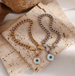 Delicate Chunky Chain Bracelet with Evil Eye Pearl Charm - Perception0one.com