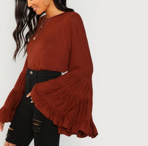378 Rust - Tiered Jersey Flounce Bell Sleeve - Perception0one.com