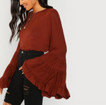 378 Rust - Tiered Jersey Flounce Bell Sleeve - Perception0one.com