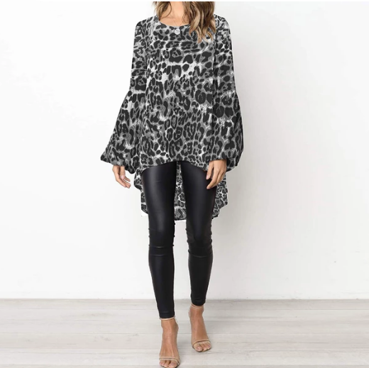 439 Grey-  Leopard Printed Lantern Sleeve Tunic w/ High Low Hem Top - Perception0one.com
