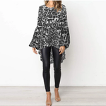439 Grey-  Leopard Printed Lantern Sleeve Tunic w/ High Low Hem Top - Perception0one.com