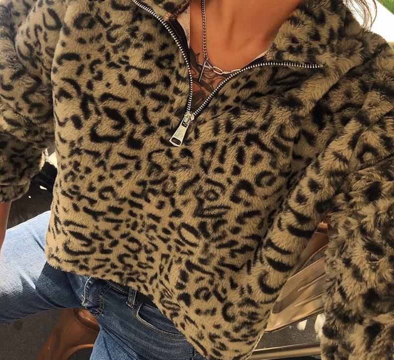 200 Leopard - Cropped 3/4 Zip Faux Fur Pull Over - Perception0one.com