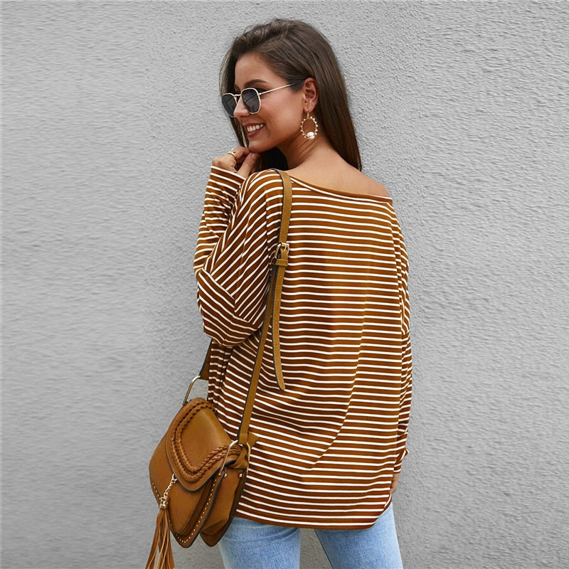 505 Acorn-  Striped Dropped Shoulder Tee with Off Shoulder option - Perception0one.com