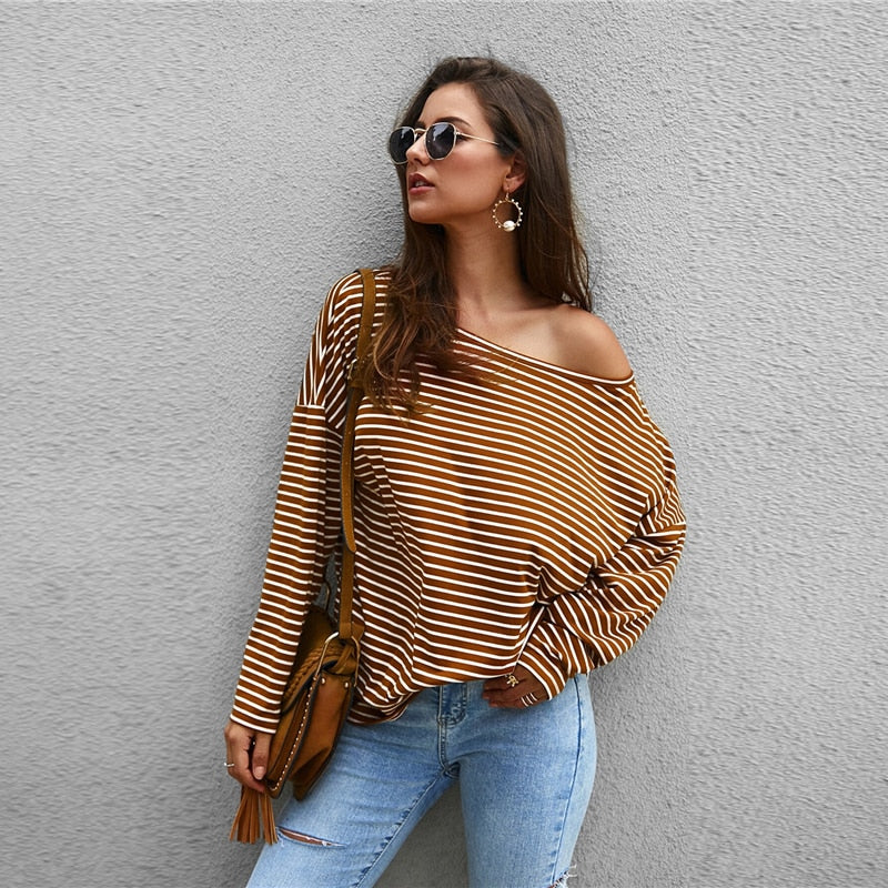 505 Acorn-  Striped Dropped Shoulder Tee with Off Shoulder option - Perception0one.com