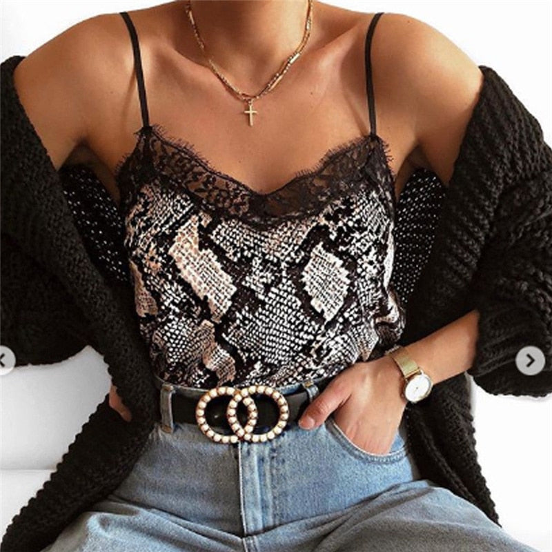 141 Grey - Snake Skin Cami Top with Lace Trim - Perception0one.com
