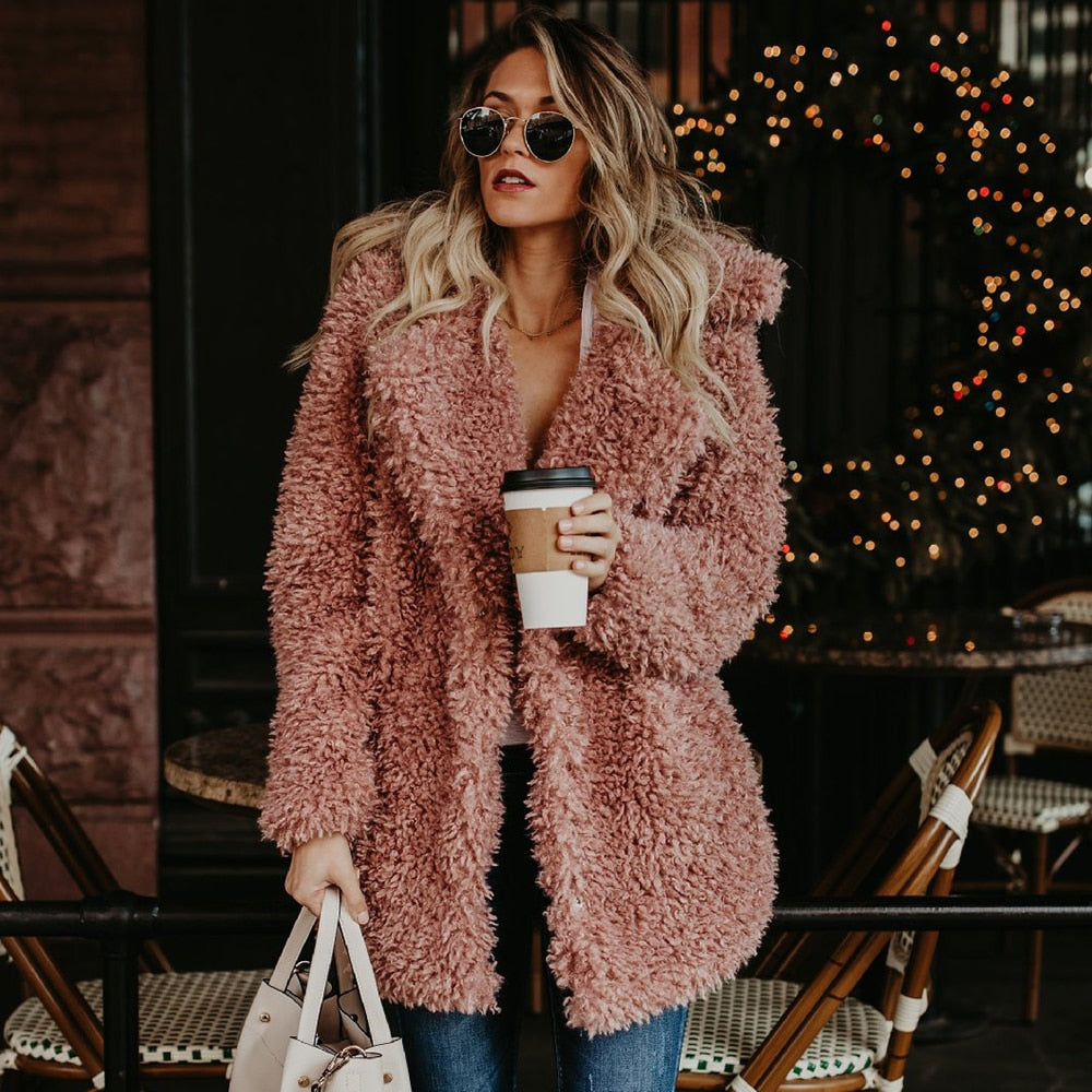 445 Pink - Lux Alpaca Faux Fur Trench Coat - Notch Collar - Perception0one.com