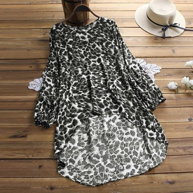 439 Grey-  Leopard Printed Lantern Sleeve Tunic w/ High Low Hem Top - Perception0one.com