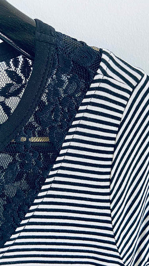 503 Black -  Striped A-Line Tee Shirt Dress  with Lace Yoke- (short sleeves and side seam pockets) - Perception0one.com