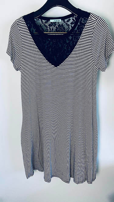 503 Black -  Striped A-Line Tee Shirt Dress  with Lace Yoke- (short sleeves and side seam pockets) - Perception0one.com