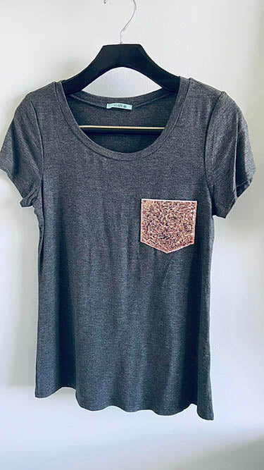 397 Grey - Heathered Short Sleeve Sparkle Tee - (Copper Sequin Pocket) - Perception0one.com