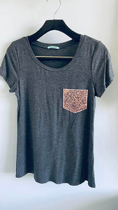 397 Grey - Heathered Short Sleeve Sparkle Tee - (Copper Sequin Pocket) - Perception0one.com